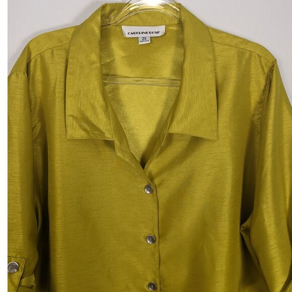 Caroline Rose Faux Raw Silk Button Front Shirt Chartreuse Tab Roll Sleeve 2X - Picture 4 of 9